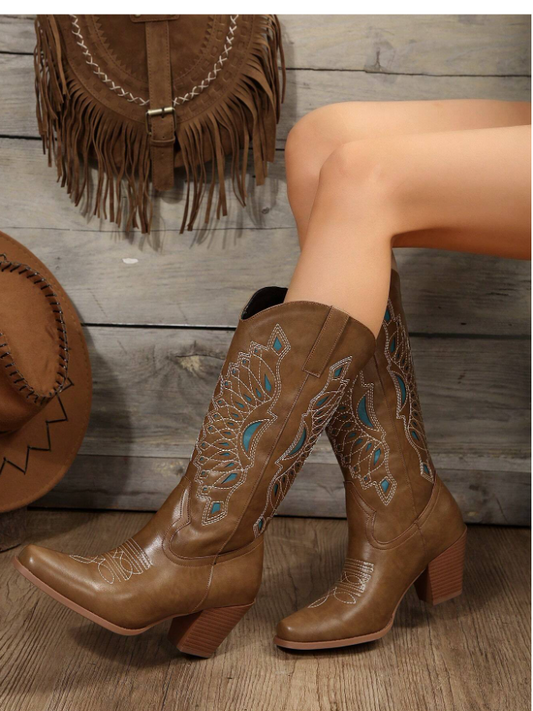 Brown and Turquoise Calf High Cowboy Boot